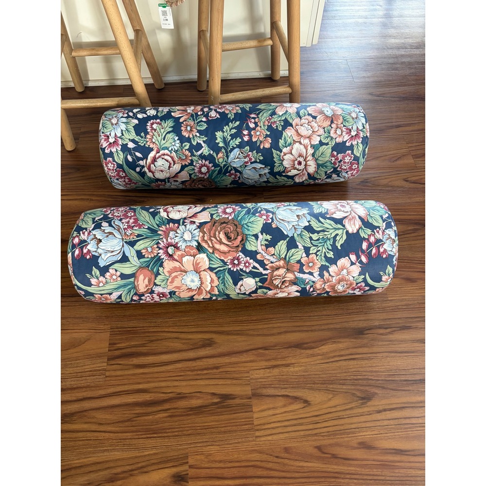 Vintage navy blue floral bolster pillow botanical chintz roses greenery